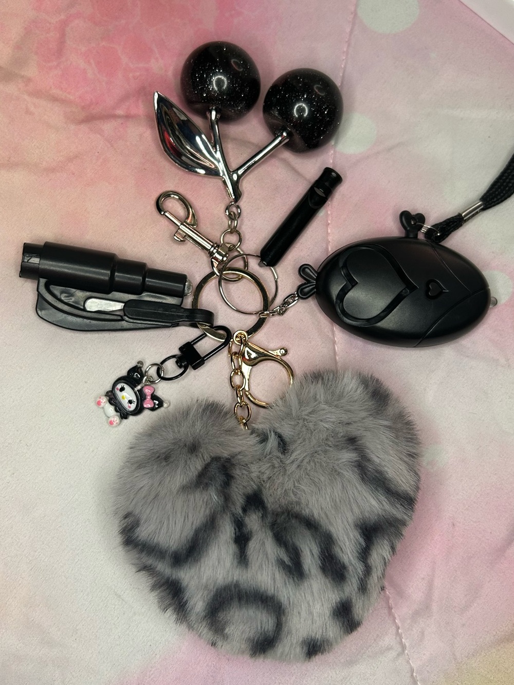 Gray Faux Fur Heart Keychain with Black Accessory Charms